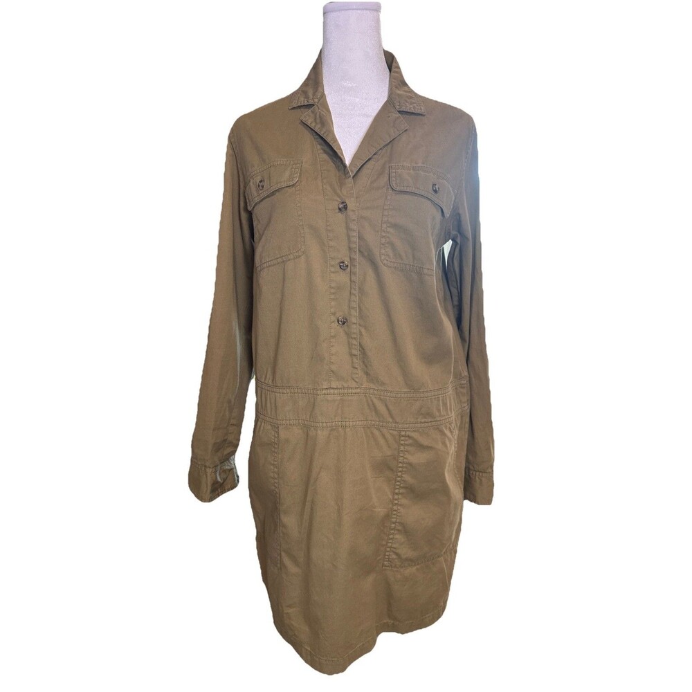 LOFT Olive Long Sleeve Utility Shirt Dress Sz SM 100% Cotton Minimalist Safari